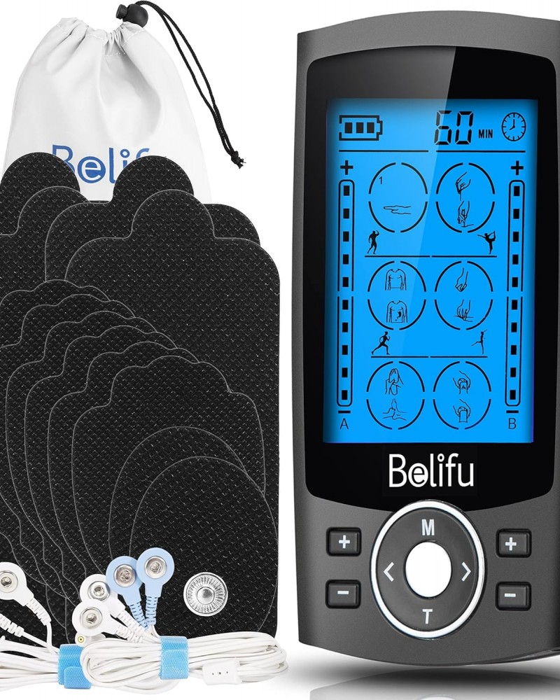 Belifu Dual Channel TENS EMS Unit with 12 Pads, 24 Modes Muscle Stimulator, Electronic Pulse Massager Muscle Massager for Pain Relief Therapy, Fastening Cable Ties, Dust-Proof Drawstring Storage Bag